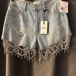 BRAND NEW Forever 21 Blue Jean Shorts with hanging rhinestone Fringe!